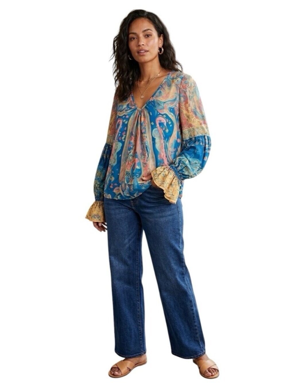 NWT FuTario Abstract Paisley V-Neck Blouse - Size M - Blue/Coral Boho Flared Cuf
